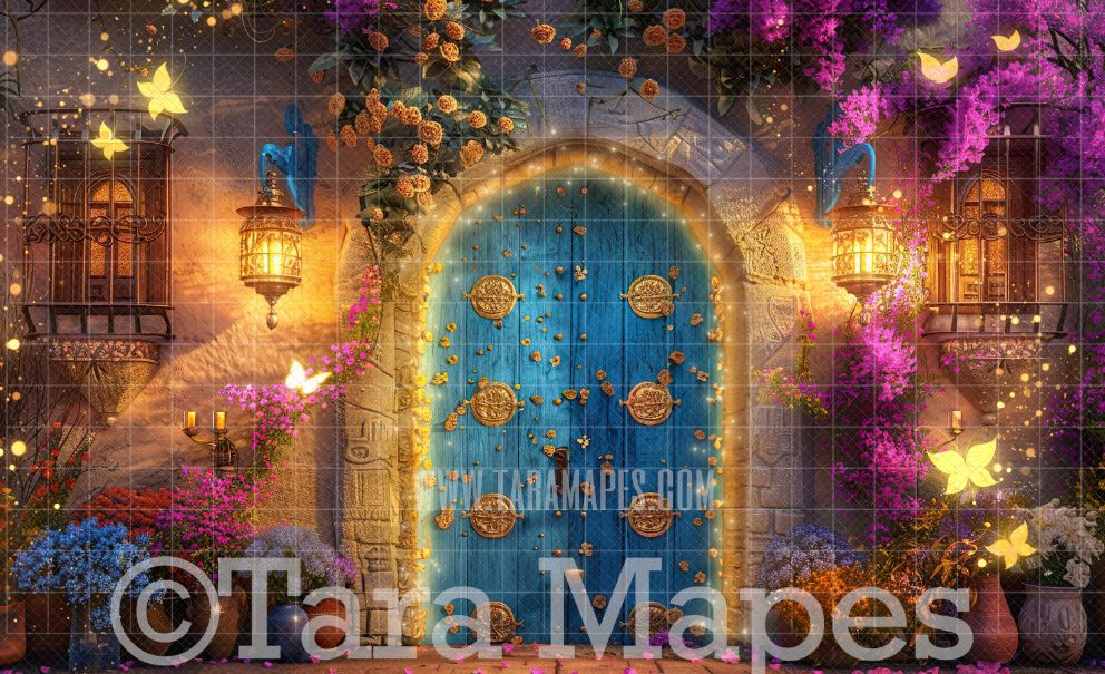 Magic Door Digital Backdrop - Glowing Door with Butterflies and Flowers - Encanto Puerta (Charm Door) Butterfly Door Digital Background JPG