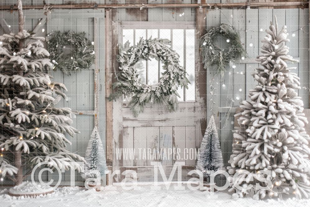 White Christmas Barn Digital Backdrop - Rustic Christmas Digital Background Backdrop JPG - Free Snow Overlay
