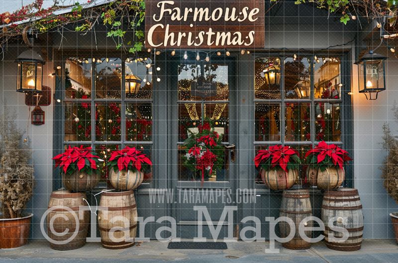 Farmhouse Christmas Shop Digital Backdrop - Christmas Digital Background Backdrop JPG - Free Snow Overlay