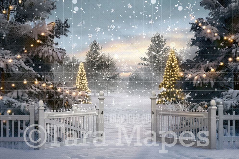 White Winter Gates Digital Backdrop - Christmas Digital Background Backdrop JPG - Free Snow Overlay