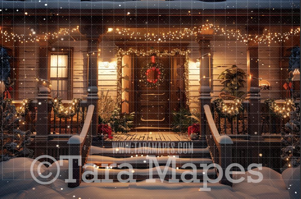 Christmas Porch Digital Backdrop - Rustic Christmas Digital Background Backdrop JPG - Free Snow Overlay