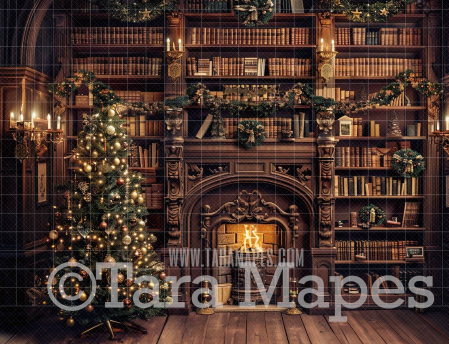 Christmas Library Digital Backdrop - Christmas Digital Background Backdrop JPG - Free Snow Overlay