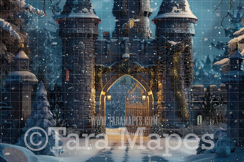 Christmas Castle Digital Backdrop - Christmas Digital Background Backdrop JPG - Free Snow Overlay