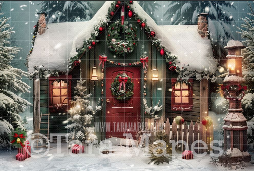 Christmas Porch Digital Backdrop - Santa House Christmas Digital Background Backdrop JPG - Free Snow Overlay