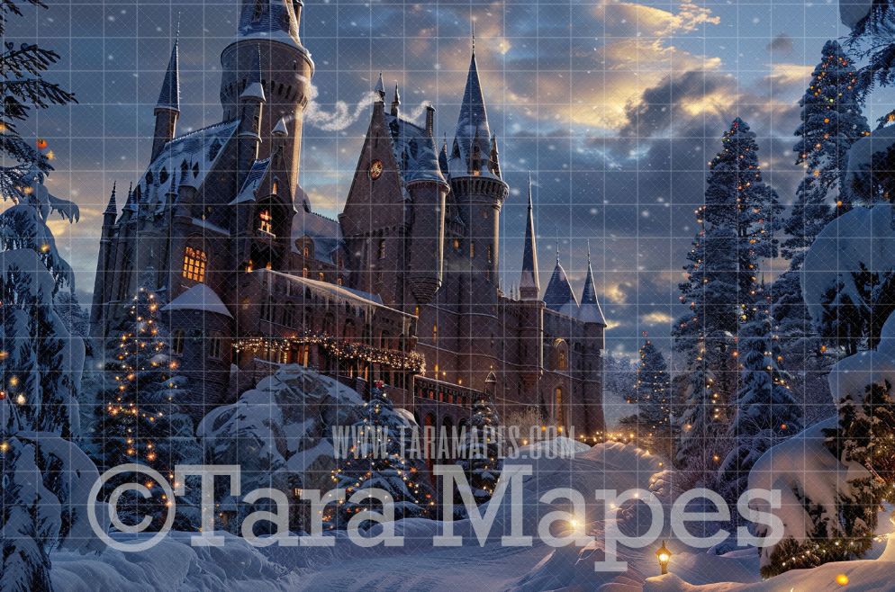 Christmas Castle Digital Backdrop - Christmas Digital Background Backdrop JPG - Free Snow Overlay