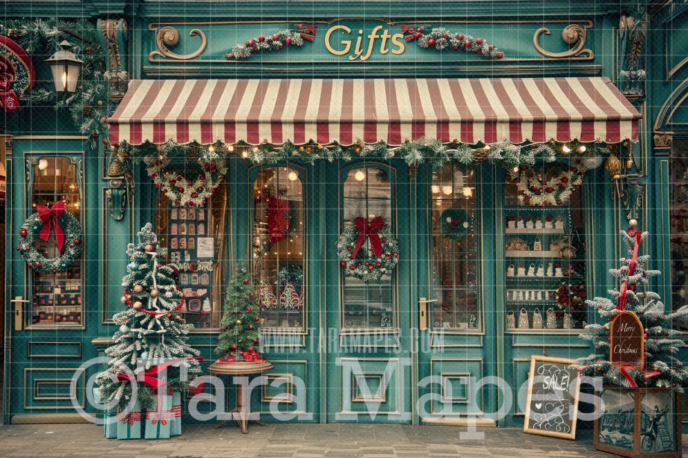 Green Christmas Shop Digital Backdrop - Christmas Digital Background Backdrop JPG - Free Snow Overlay
