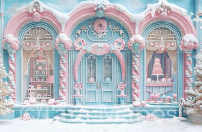 Pastel Blue Christmas Shop Digital Backdrop - Christmas Digital Background Backdrop JPG - Free Snow Overlay