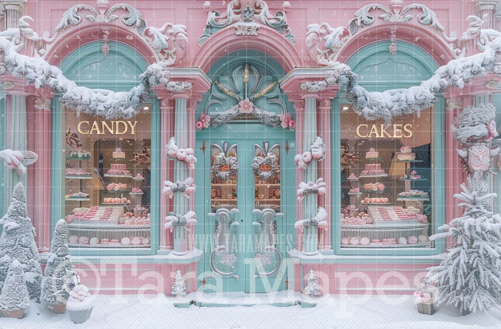 Pastel Pink Christmas Shop Digital Backdrop - Christmas Digital Background Backdrop JPG - Free Snow Overlay