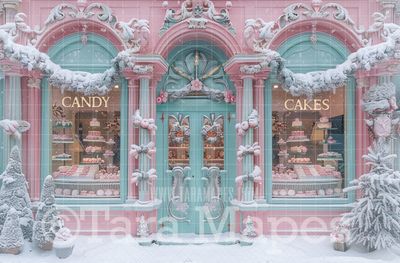 Pastel Pink Christmas Shop Digital Backdrop - Christmas Digital Background Backdrop JPG - Free Snow Overlay