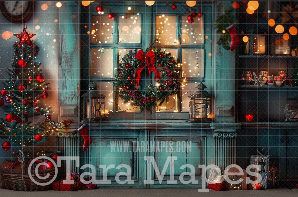 Christmas Window Digital Backdrop - Red Curtains Christmas Window Snowy Night -  Christmas Digital Background JPG