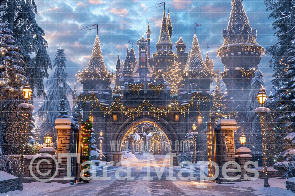 Christmas Castle Digital Backdrop - Christmas Digital Background Backdrop JPG - Free Snow Overlay