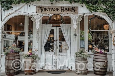 White Vintage Haus Farmhouse Storefront- Digital Background Backdrop - Vintage Shop with Vine and Roses - Spring Shoppe - JPG file Digital Background