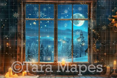 Christmas Window Digital Backdrop - Red Curtains Christmas Window Snowy Night -  Christmas Digital Background JPG