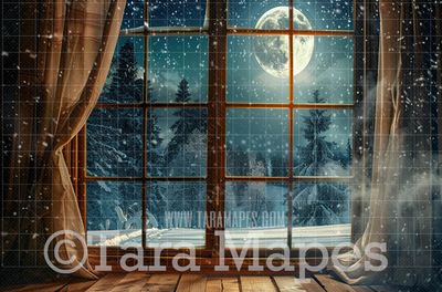 Christmas Window Digital Backdrop - Red Curtains Christmas Window Snowy Night -  Christmas Digital Background JPG