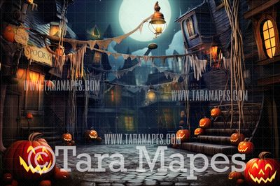 Halloween Town Digital Backdrop - Quirky Jackolantern Town Halloween Digital Background