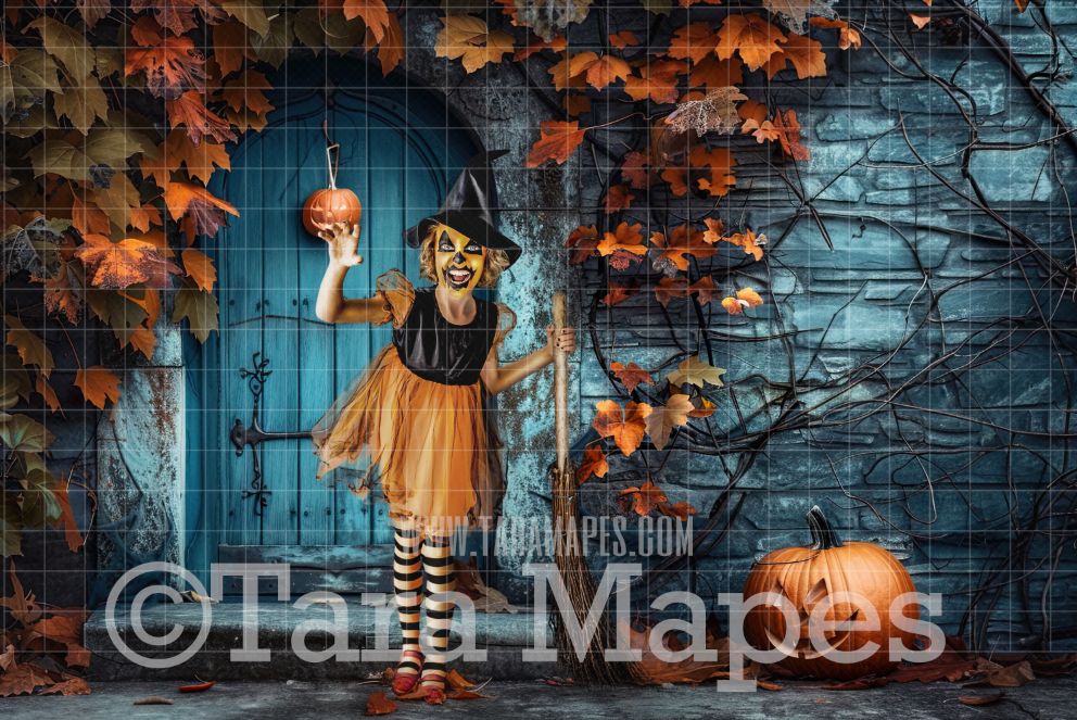 Blue Halloween Door Digital Backdrop - Colorful Halloween Fall Digital Background