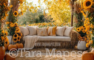 Fall Sunflower Couch with Flowers Digital Background - Autumn Fall  Sofa Digital Background Backdrop