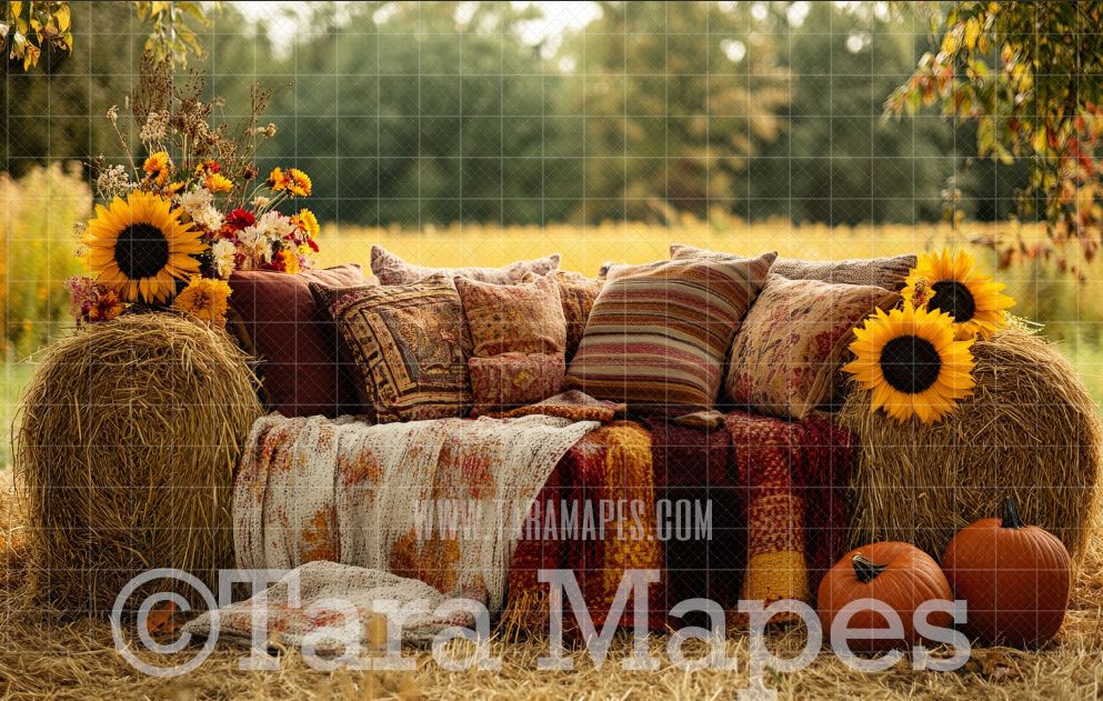 Fall Sunflower Couch with Flowers Digital Background - Autumn Fall  Sofa Digital Background Backdrop