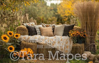 Fall Couch with Flowers Digital Background - Autumn Fall  Sofa Digital Background Backdrop