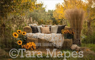 Vintage Fall Couch with Flowers Digital Background - Autumn Fall  Sofa Digital Background Backdrop