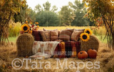 Fall Couch with Flowers Digital Background - Autumn Fall  Sofa Digital Background Backdrop