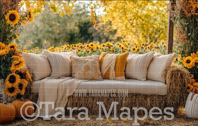 Fall Couch with Flowers Digital Background - Autumn Fall  Sofa Digital Background Backdrop