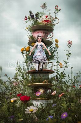 Alice Digital Backdrop - Alice Stack of Tea Cups - JPG File - Wonderland Digital Background