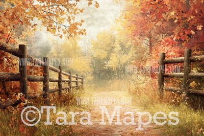 Fall Path Digital Backdrop -  Autumn Path in Woods Digital Backdrop - Fall Autumn Digital Background - Free Leaves PNG included