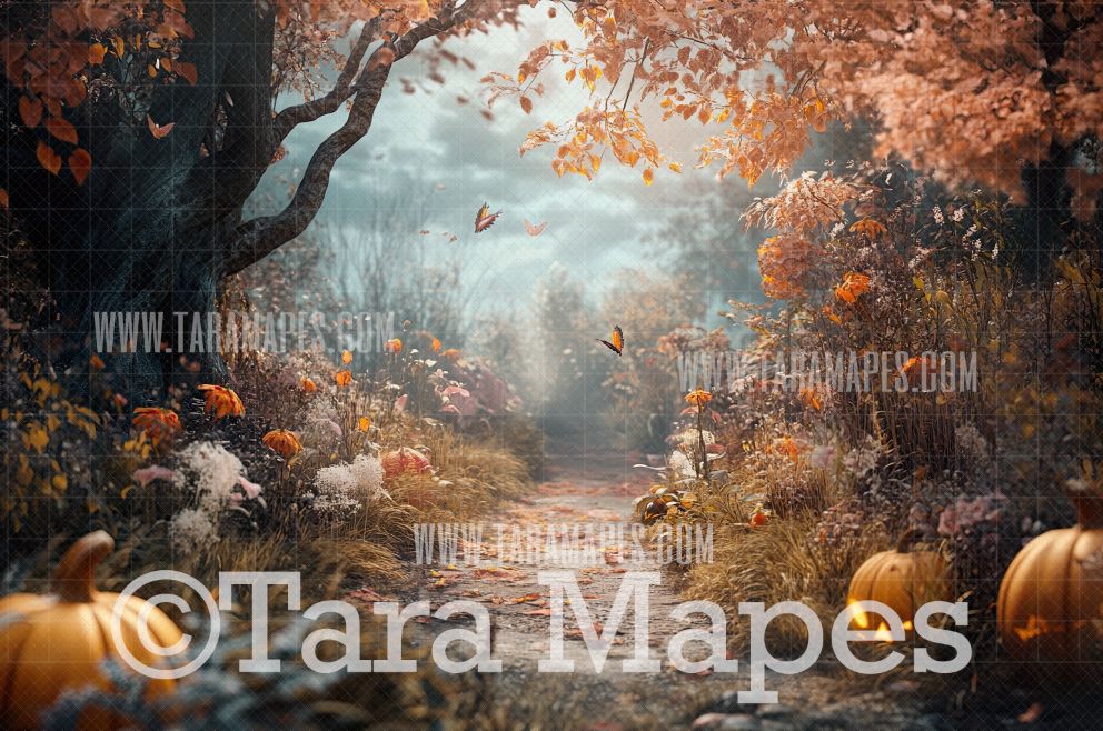 Fall Path Digital Backdrop -  Autumn Path in Woods Digital Backdrop - Fall Autumn Digital Background - Free Leaves PNG included