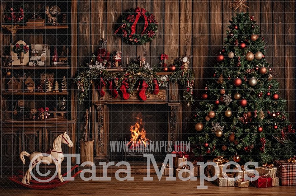 Cozy Christmas Fireplace Digital Backdrop - Classic Christmas Room  - Christmas Mantle Digital Background JPG