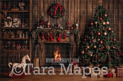 Cozy Christmas Fireplace Digital Backdrop - Classic Christmas Room  - Christmas Mantle Digital Background JPG