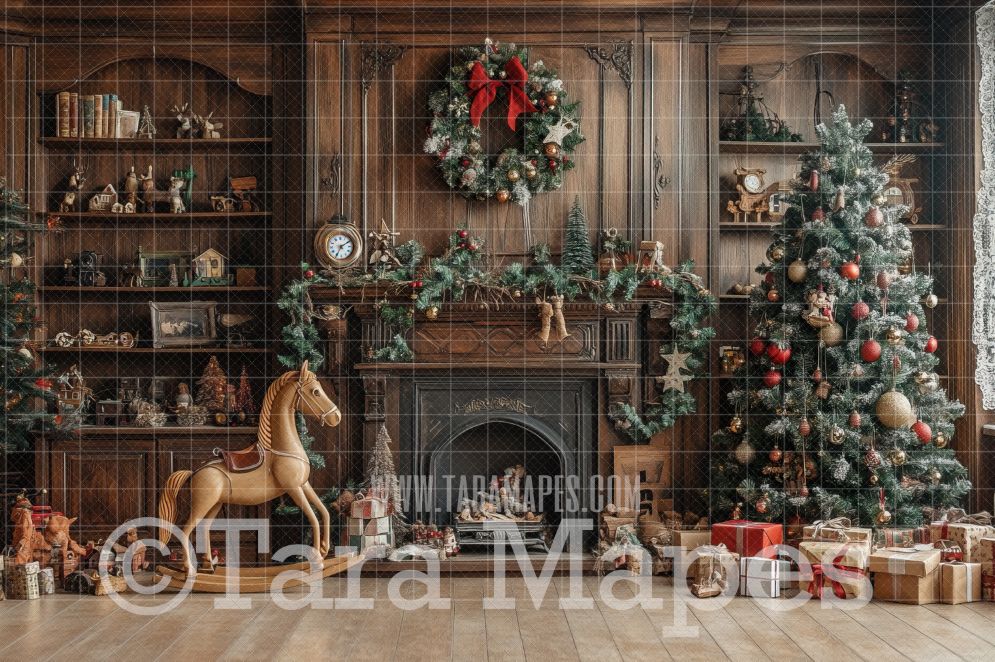 Cozy Christmas Fireplace Digital Backdrop - Classic Christmas Room  - Christmas Mantle Digital Background JPG