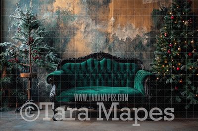Green Victorian Couch - Classic Christmas Room  - Christmas Digital Background JPG