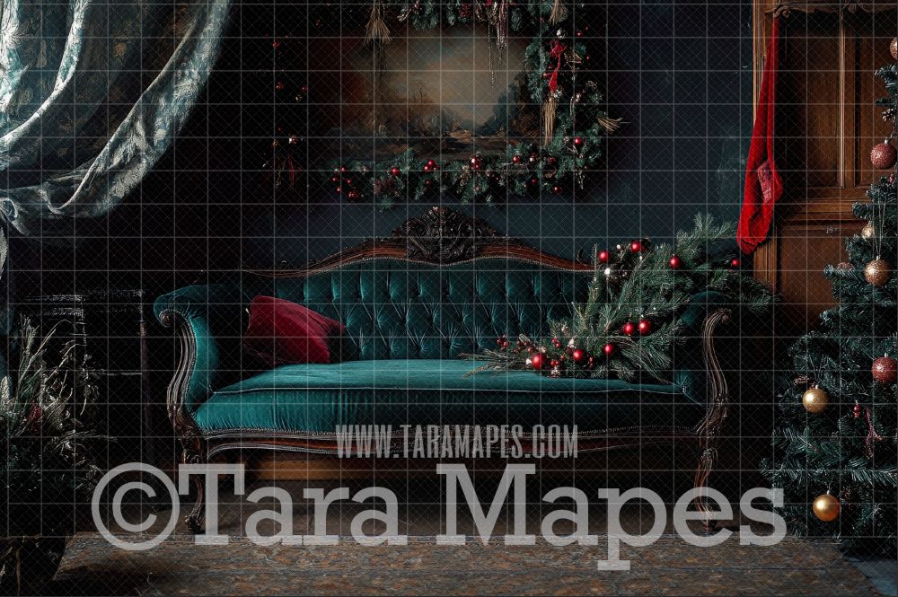 Green Victorian Couch with Ornaments - Classic Christmas Room  - Christmas Digital Background JPG