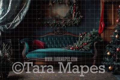 Green Victorian Couch with Ornaments - Classic Christmas Room  - Christmas Digital Background JPG