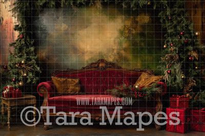 Red Victorian Couch - Classic Christmas Room  - Christmas Digital Background JPG
