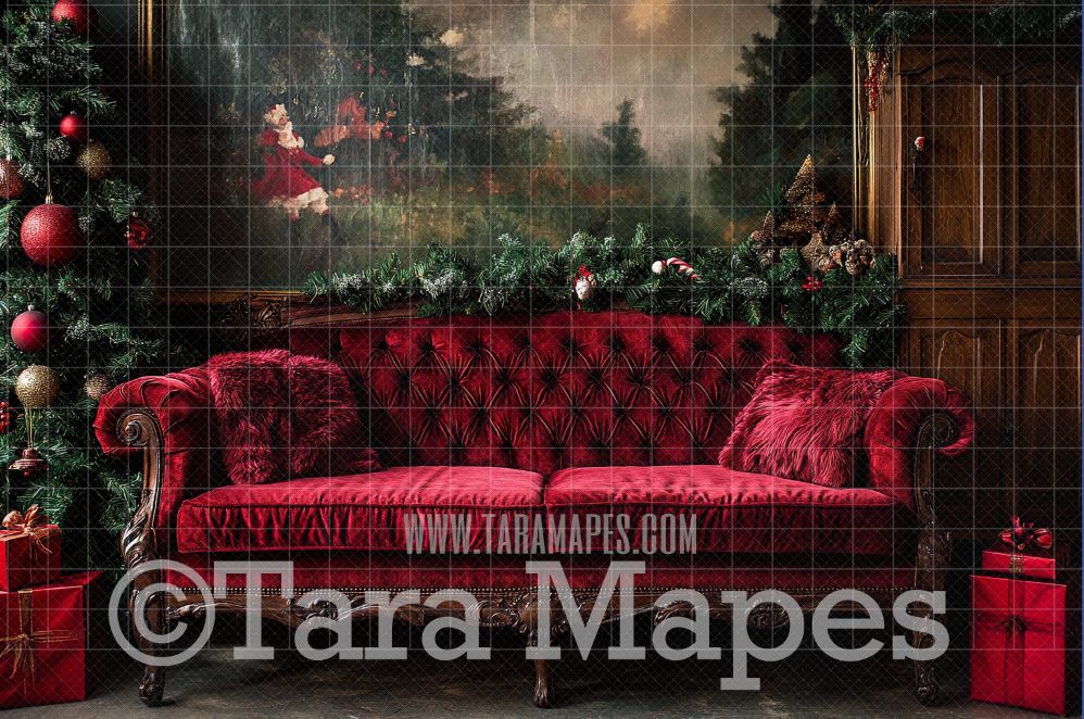 Red Victorian Couch - Classic Christmas Room  - Christmas Digital Background JPG