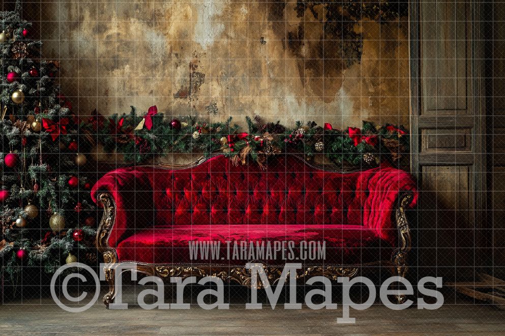 Red Victorian Couch - Classic Christmas Room  - Christmas Digital Background JPG