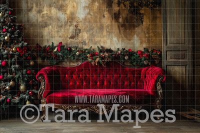 Red Victorian Couch - Classic Christmas Room  - Christmas Digital Background JPG