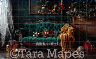 Green Victorian Couch with Ornaments - Classic Christmas Room  - Christmas Digital Background JPG