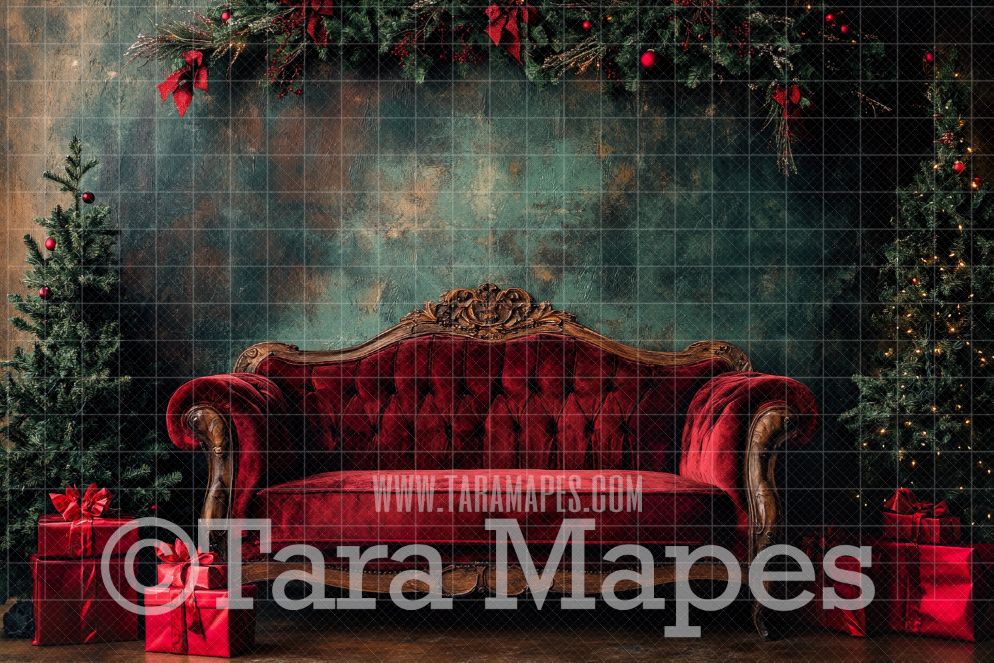 Red Victorian Couch - Classic Christmas Room  - Christmas Digital Background JPG