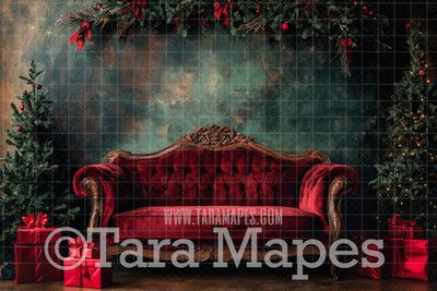 Red Victorian Couch - Classic Christmas Room  - Christmas Digital Background JPG