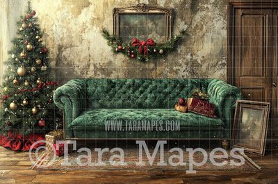 Green Victorian Couch with Ornaments - Painterly Classic Christmas Room  - Christmas Digital Background JPG