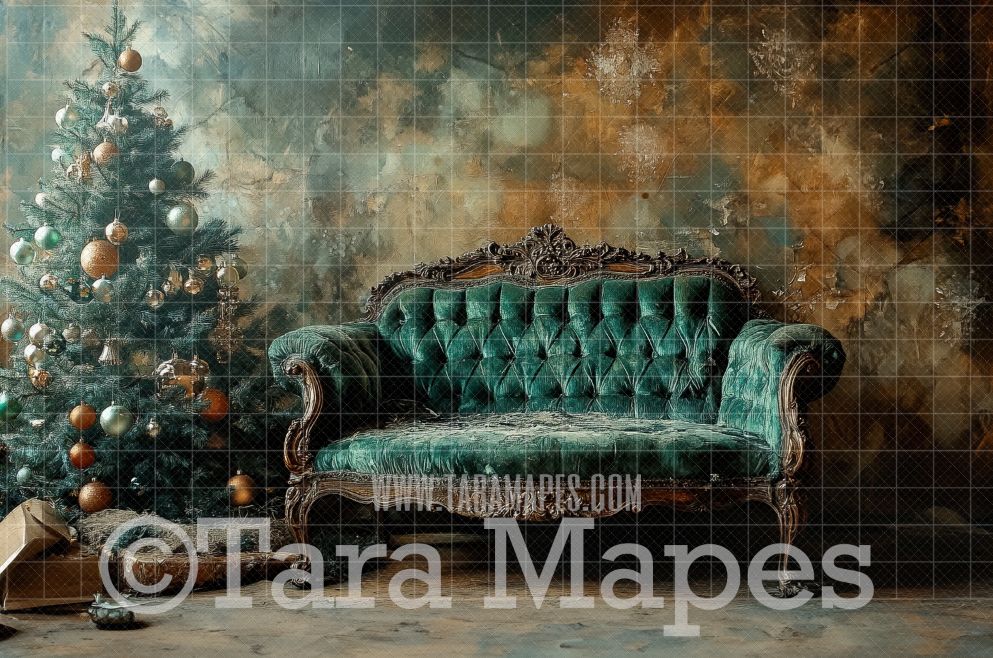 Green Victorian Couch with Ornaments - Painterly Classic Christmas Room  - Christmas Digital Background JPG