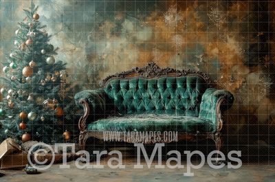 Green Victorian Couch with Ornaments - Painterly Classic Christmas Room  - Christmas Digital Background JPG