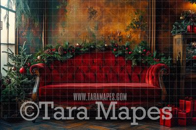 Red Victorian Couch - Classic Christmas Room  - Christmas Digital Background JPG