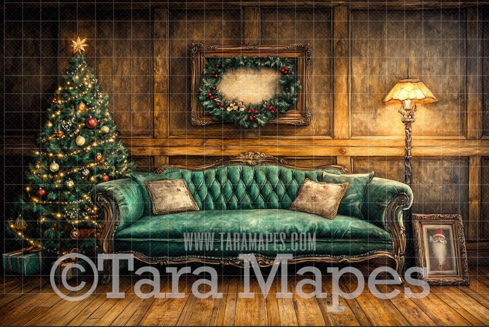 Painterly Green Victorian Couch with Ornaments - Painterly Classic Christmas Room  - Christmas Digital Background JPG