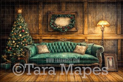 Painterly Green Victorian Couch with Ornaments - Painterly Classic Christmas Room  - Christmas Digital Background JPG