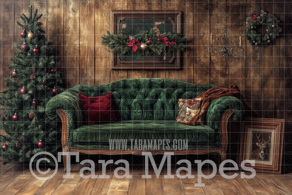 Green Victorian Couch with Ornaments - Painterly Classic Christmas Room  - Christmas Digital Background JPG