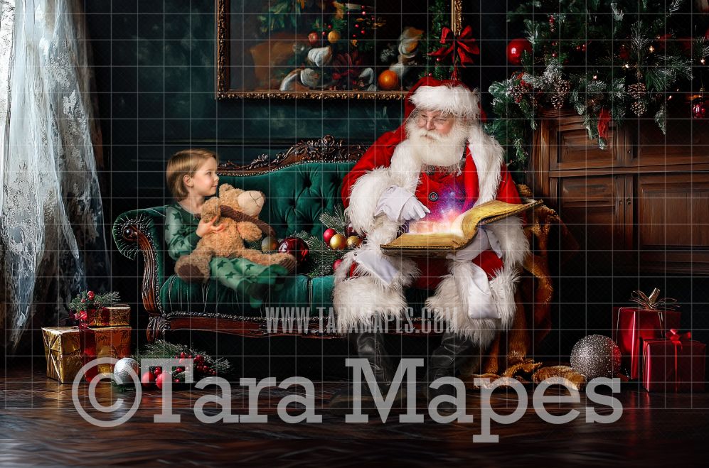 Santa on Painterly Green Victorian Couch  - Painterly Classic Christmas Room  - Christmas Digital Background JPG